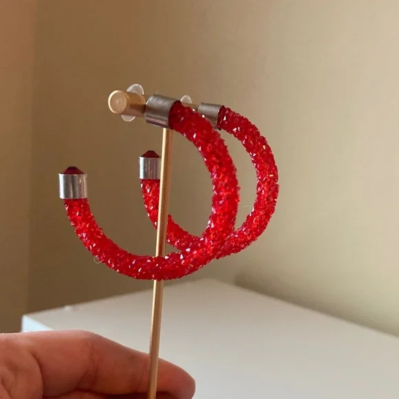 Red Crystal Textured Hoop Earrings - Picture 1 of 9